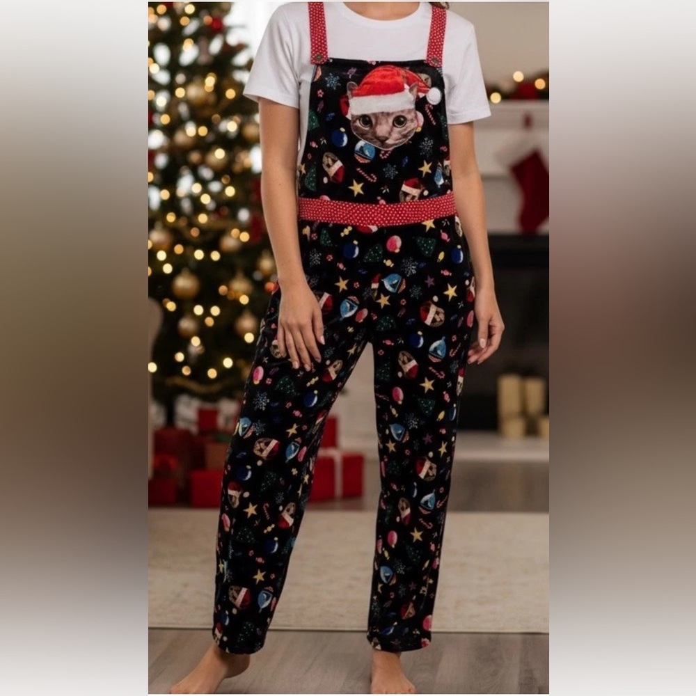 Ugly Christmas Cat Jumper Overall Bibs One Piece Pants Sz XL Festive Holiday - Picture 2 of 6